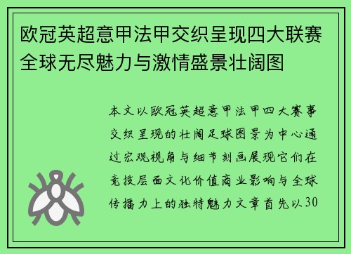 欧冠英超意甲法甲交织呈现四大联赛全球无尽魅力与激情盛景壮阔图