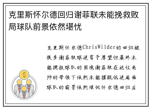 克里斯怀尔德回归谢菲联未能挽救败局球队前景依然堪忧
